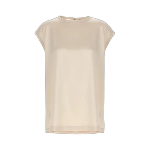 Cap-Sleeved Crewneck Satin Blouse