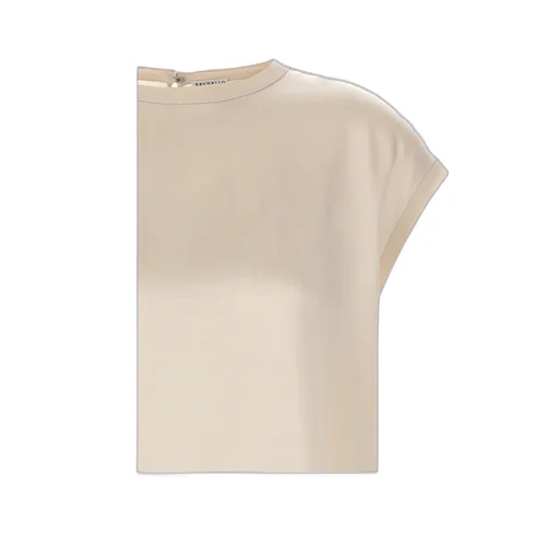 Cap-Sleeved Crewneck Satin Blouse