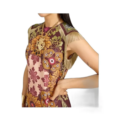 Floral-Print Fringe Asymmetric Day Dress