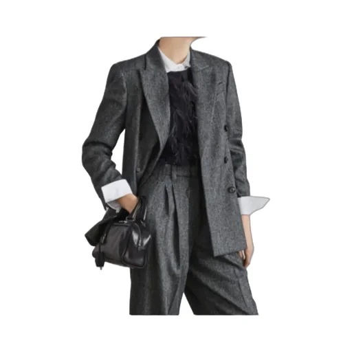 Herringbone Motif Double-Breasted Blazer