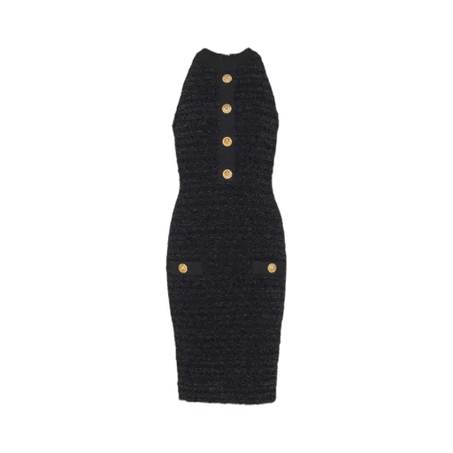 Buttoned-Pocket Tweed Mini Dress