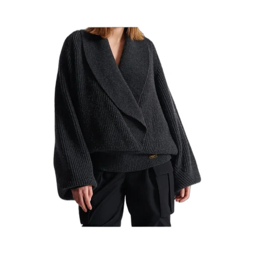 Batwing Open-Neck Ribbed Knit Sweater