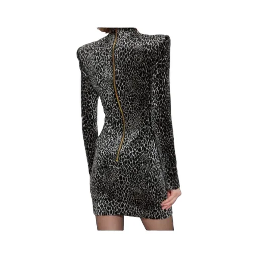 Padded-Shoulder Animal-Print Dress