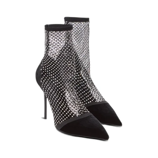 Mesh Heeled Ankle Boots With Velvet And Rhinestones