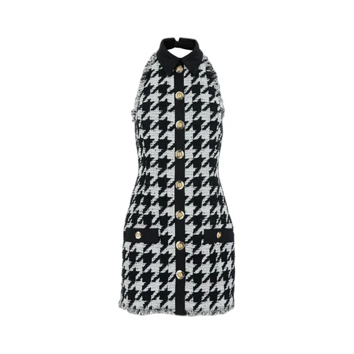 Houndstooth Button-Detailed Mini Dress