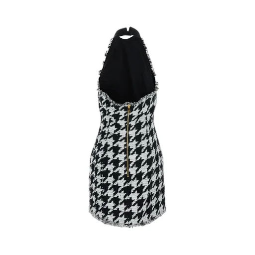 Houndstooth Button-Detailed Mini Dress