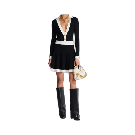 V-Neck Pleated Knit Dress