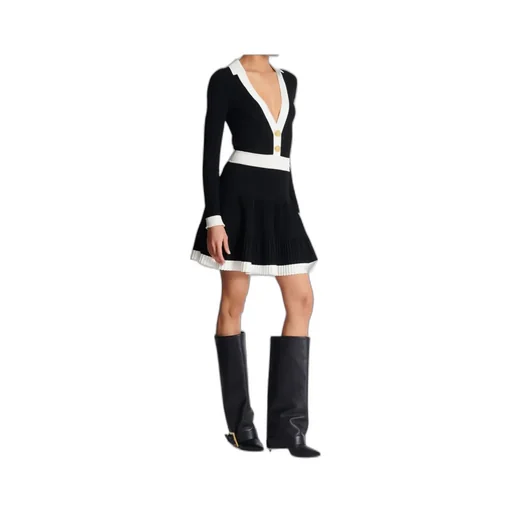 V-Neck Pleated Knit Dress