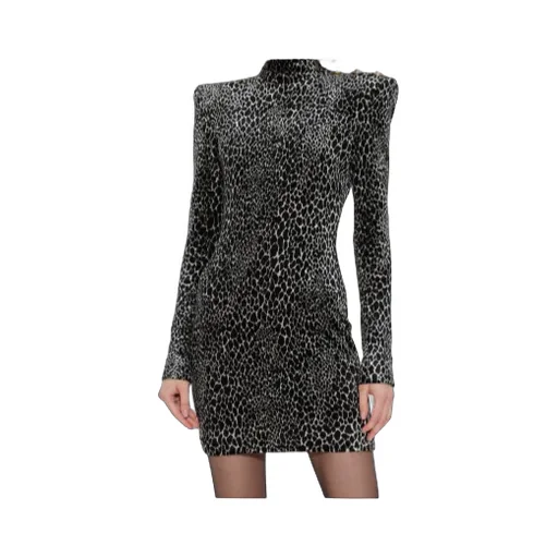 Padded-Shoulder Animal-Print Dress