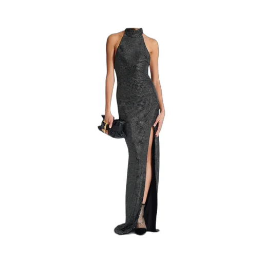 Long Velvet Halterneck Dress With Rhinestones