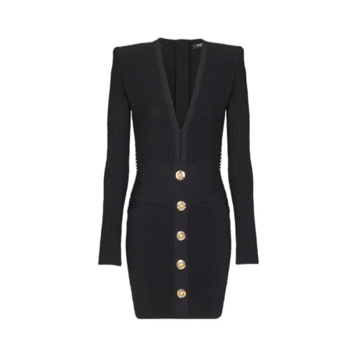 V-Neck Ribbed Long-Sleeved Dress