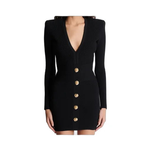 V-Neck Ribbed Long-Sleeved Dress
