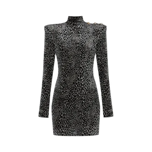 Padded-Shoulder Animal-Print Dress