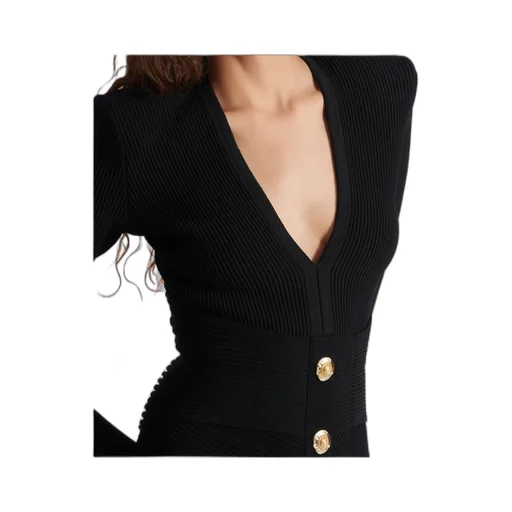 V-Neck Ribbed Long-Sleeved Dress