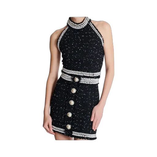 Embroidered Polka-Dot Tweed Halterneck Top
