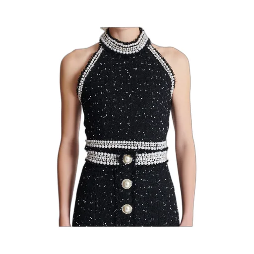 Embroidered Polka-Dot Tweed Halterneck Top