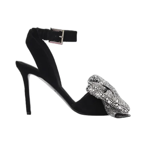 Suede Ruby Heels With Rhinestone Bows