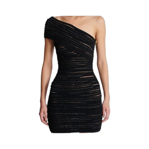 Shiny Rolled Knit Asymmetrical Dress