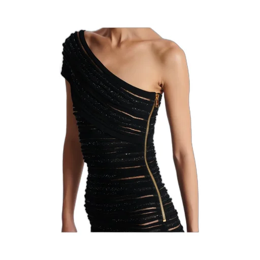 Shiny Rolled Knit Asymmetrical Dress