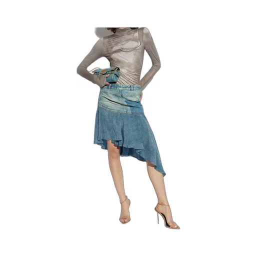Logo Patch Asymmetric Denim Ruffled Short Skirt