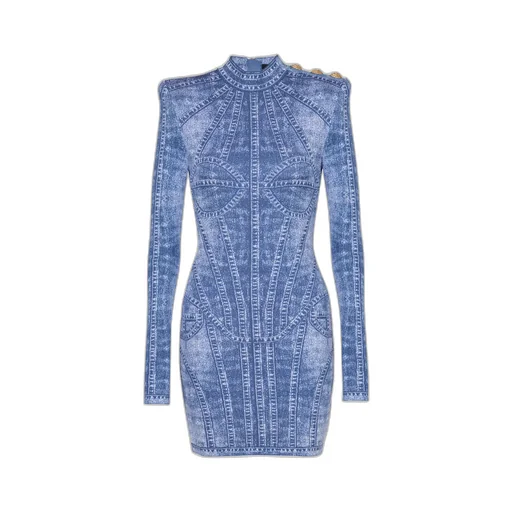 Denim Effect Short Jacquard Knit Dress