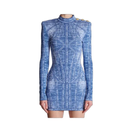 Denim Effect Short Jacquard Knit Dress