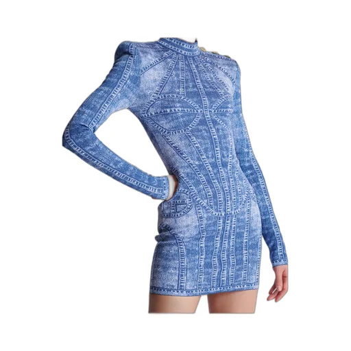Denim Effect Short Jacquard Knit Dress