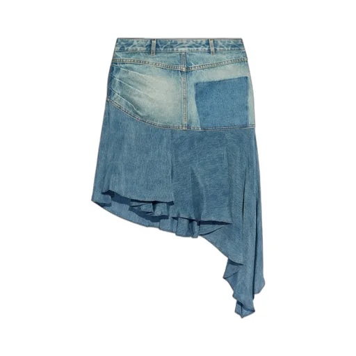 Logo Patch Asymmetric Denim Ruffled Short Skirt
