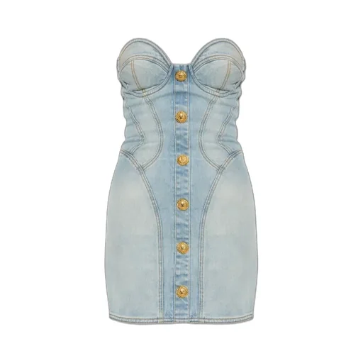 Strapless Button Detailed Denim Dress
