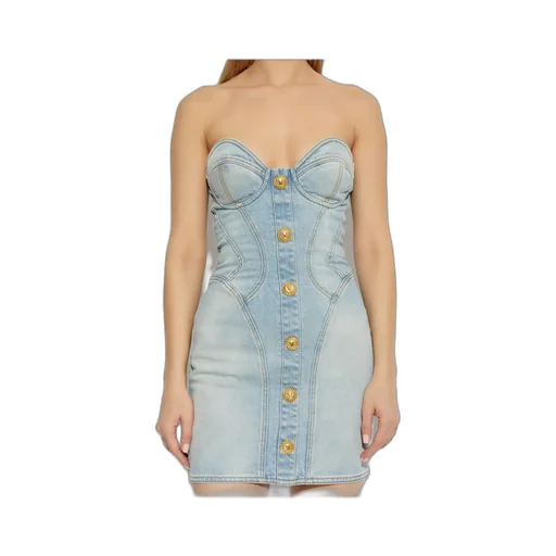 Strapless Button Detailed Denim Dress