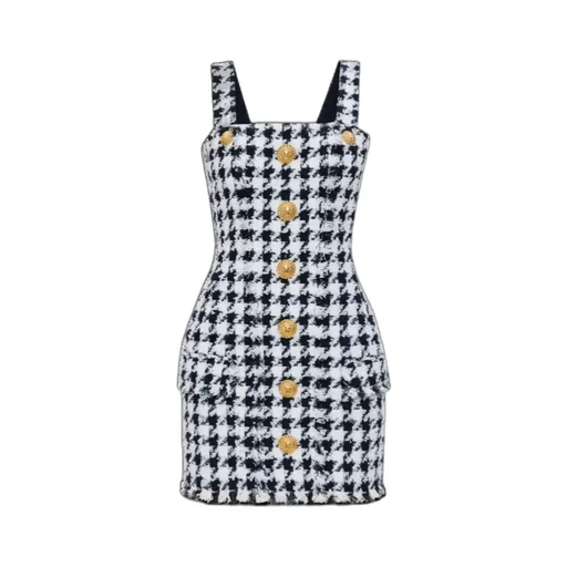 Houndstooth Button Detailed Tweed Dress