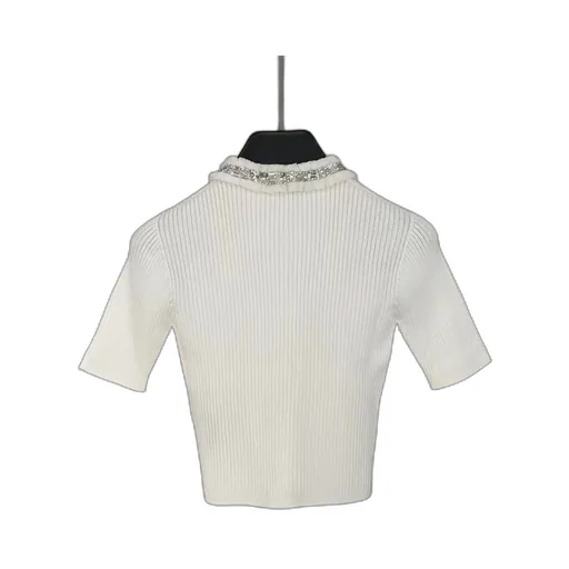 Ribbed Knit Sweater With Embellished Collar