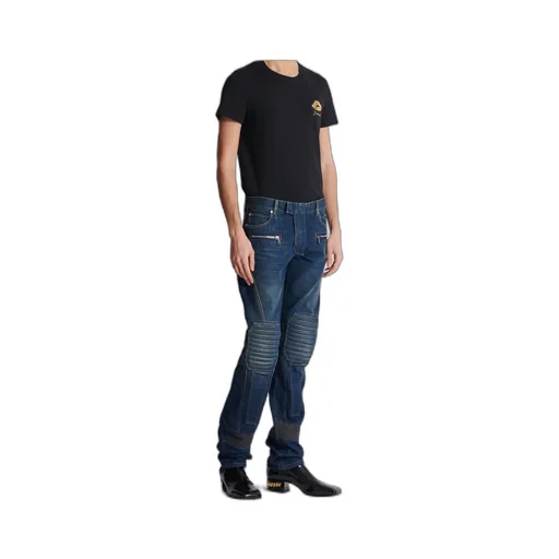 Denim Straight-Leg Biker Jeans