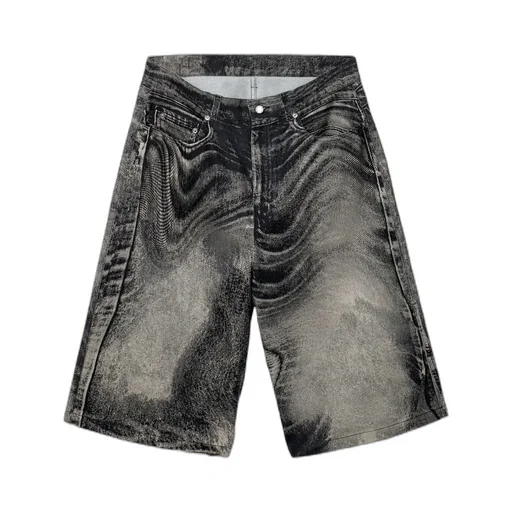 Distorted Print Denim Shorts