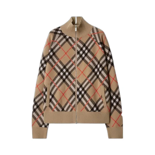 Checked Knitted Zip-Up Jacket