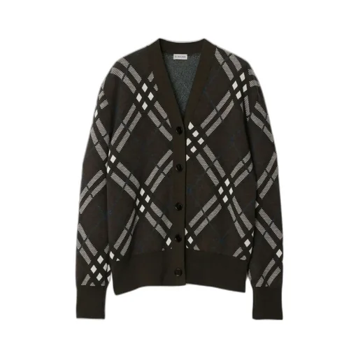 Checked V-Neck Buttoned Cardigan