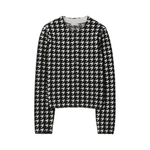 Houndstooth-Pattern Crewneck Buttoned Cardigan