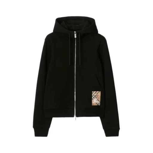 Check Label Zip-Up Drawstring Hoodie