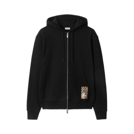 Check-Label Zip-Up Drawstring Hoodie