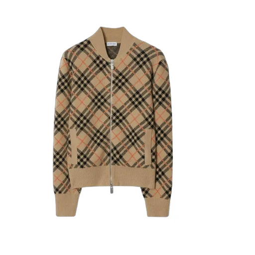 Checked Knitted Zip-Up Bomber Jacket