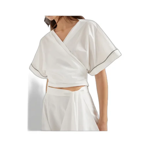 Shiny Trim Poplin Kimono-Style Top