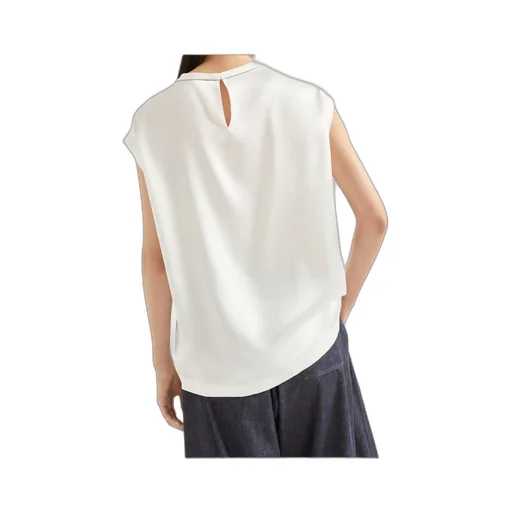 Cap-Sleeved Crewneck Satin Blouse