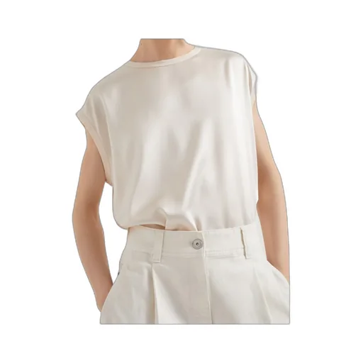 Cap-Sleeved Crewneck Satin Blouse