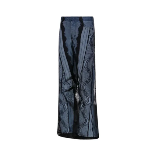 Sheer-Overlay Wide-Leg Jeans
