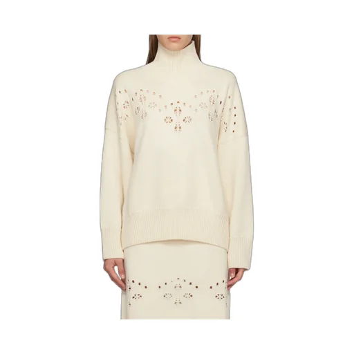 Pointelle-Knit High Neck Sweater