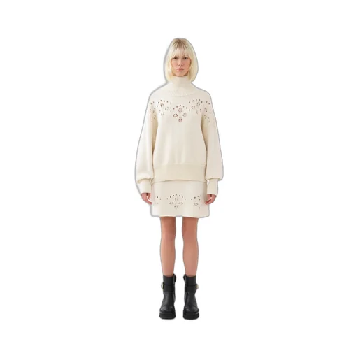 Pointelle-Knit High Neck Sweater