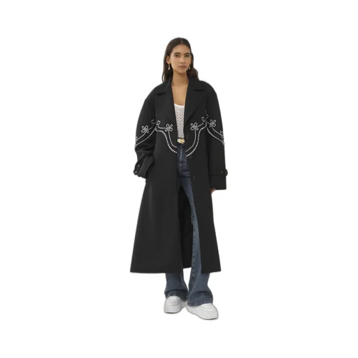Motif-Embroidered Maxi Trench Coat
