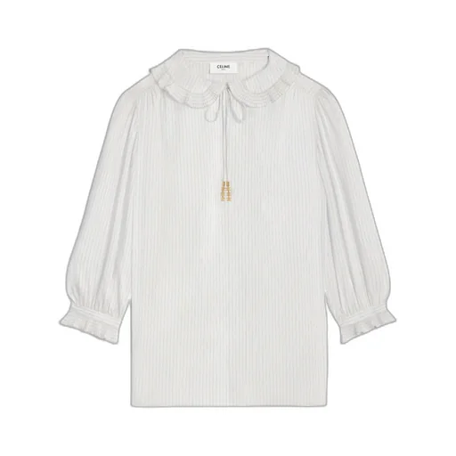 Blouse With Frilled Claudine Collar In Striped Silk