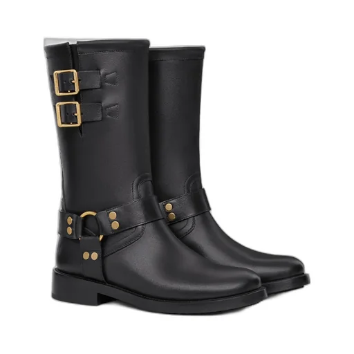 Biker Mid Boot With Harness In Calfskin - Vegetal Tanning