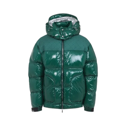 High-Shine Patterned-Panel Puffer Jacket